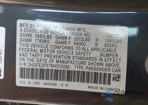 2024 Honda Civic Sport z USA, uszkodzony, nr VIN 2HGFE2F57RH533080